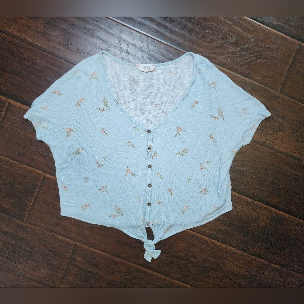 Pink Rose Tie Front Waffle Knit Floral Crop Top Size Large